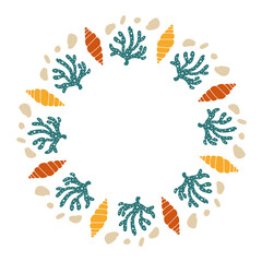 Seashell Coral Pebble Frame. Elegant beach Round Wreath with conch shells seaweeds and smooth rocks. For summer wedding stationery poster card. Vector illustration