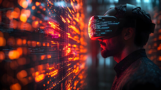 Person wearing virtual reality headset interacting with digital interface