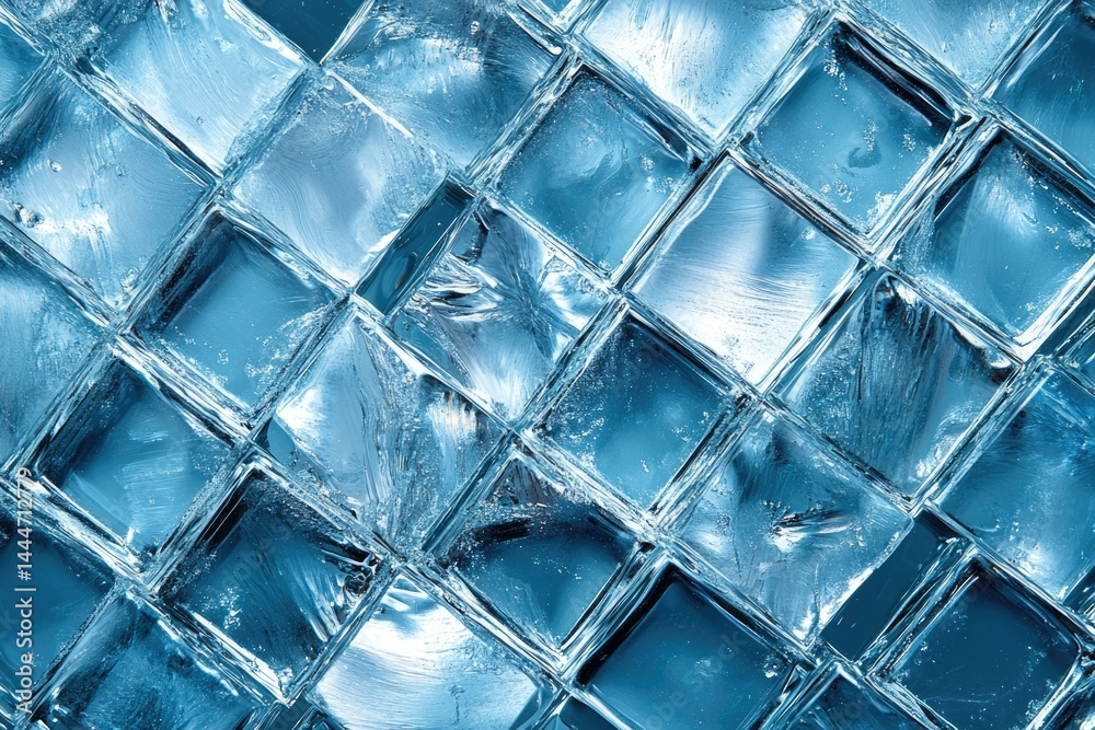 Poster Close-up shot of many translucent ice cubes arranged in a grid pattern.