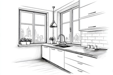 Bright Modern Kitchen Sketch Engraving - Modern kitchen design, city view, sleek cabinets, urban lifestyle, culinary space