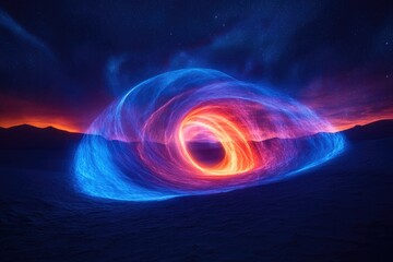 Fototapeta premium A vibrant cosmic portal, swirling with blue and orange energy, appears over a dark mountain range under a starry night sky.