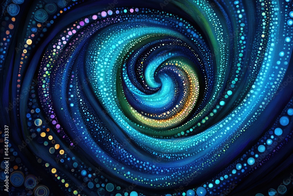 Poster abstract swirling vortex of luminous blue, teal, and gold dots, creating a mesmerizing cosmic effect