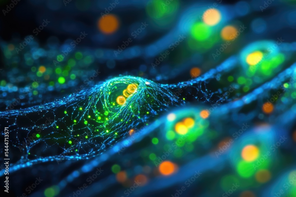 Poster Abstract depiction of a neural network or cellular structure with glowing nodes and connections.