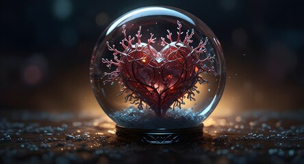 A delicate heart inside a crystal sphere filled with water, pulsating with ethereal light in a captivating fantasy landscape. 