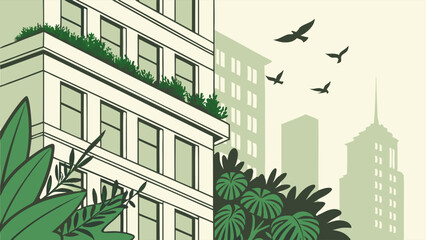 Flat Design Illustration of a Green Building with Rooftop Garden Urban Plants Birds Flying and City Skyline