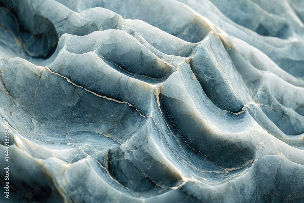 Poster close-up of a textured, blue-grey rock formation, showing intricate details and patterns.