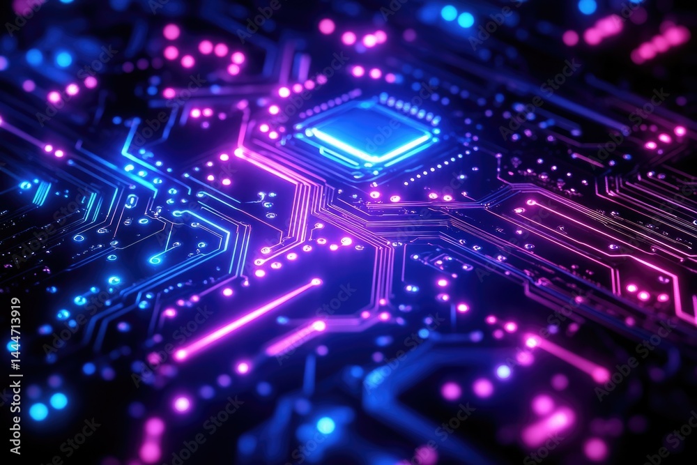 Poster Close-up of a vibrant, glowing circuit board, showcasing intricate electronic pathways and a central processor.