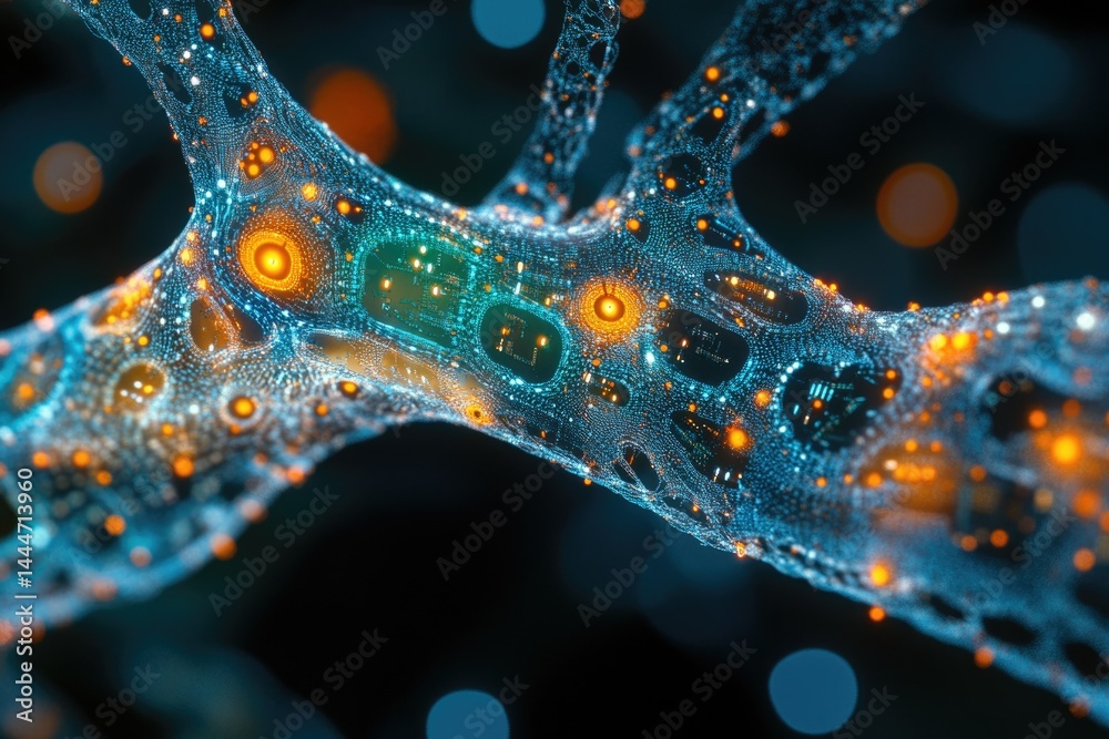 Poster Abstract digital representation of a neural network or complex interconnected system, glowing with vibrant blue and orange hues.