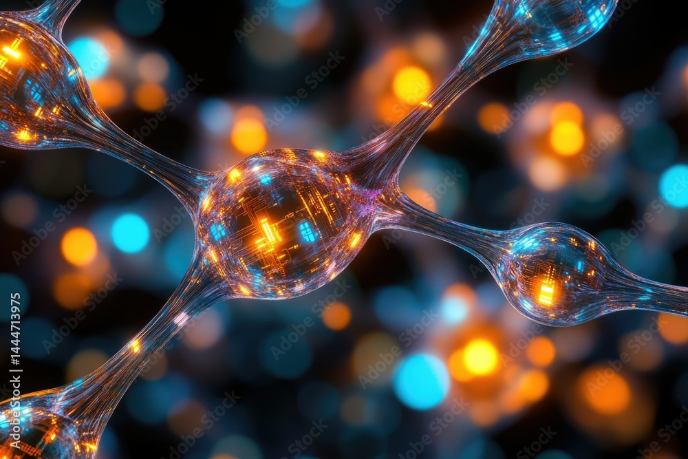 Poster Abstract digital neuron network with glowing nodes and connecting fibers, illuminated in vibrant blue and orange hues.