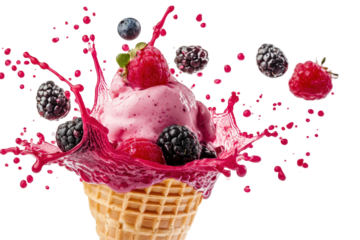 Ice cream cone with berry flavor and splash creating mouthwatering visuals on a white background