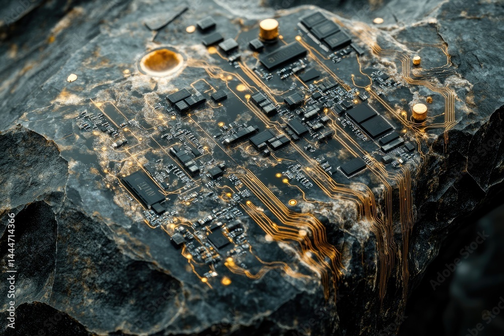 Poster a circuit board embedded in a dark, textured rock, showcasing a blend of technology and nature.