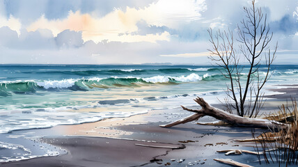 Coastal Serenity: The image captures a serene coastal scene, with gentle waves lapping at the shore, an old, weathered tree adding a touch of timelessness, and an expansive.