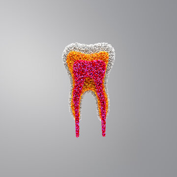 3D rendering of a colorful pixelated tooth symbolizing health and anatomy