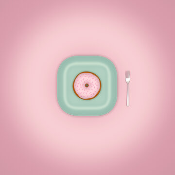 3D rendering of a pink doughnut with sprinkles on a green plate with a fork