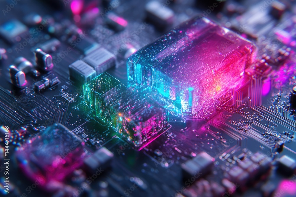 Poster abstract close-up of a circuit board with glowing, colorful components, showcasing technological adv