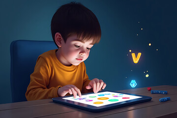 Child engaged with interactive tablet game home digital content indoor close-up learning