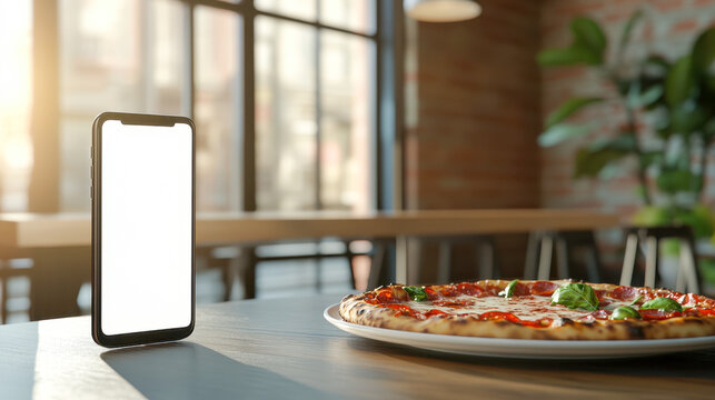 Bright minimalist dining room with pizza and smartphone on a table - Powered by Adobe