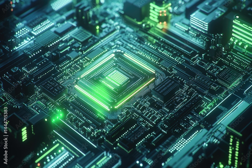 Poster close-up of a futuristic circuit board with glowing green components, showcasing intricate technolog
