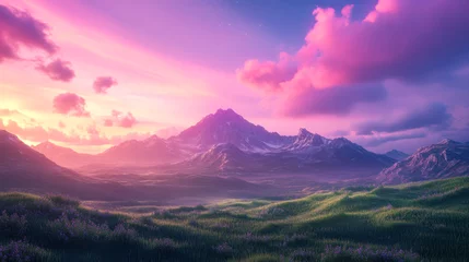 Fototapete Northern lights illuminate a vibrant landscape with pink and purple skies above a distant mountain © Taras Vykhopen