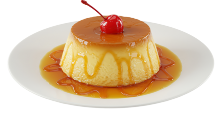 Isolated Caramel Flan Dessert with Cherry Topping