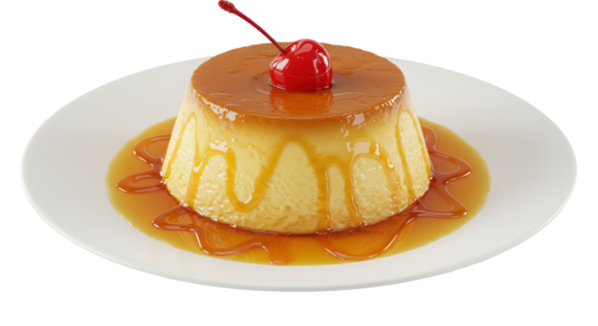 Isolated Caramel Flan Dessert with Cherry Topping