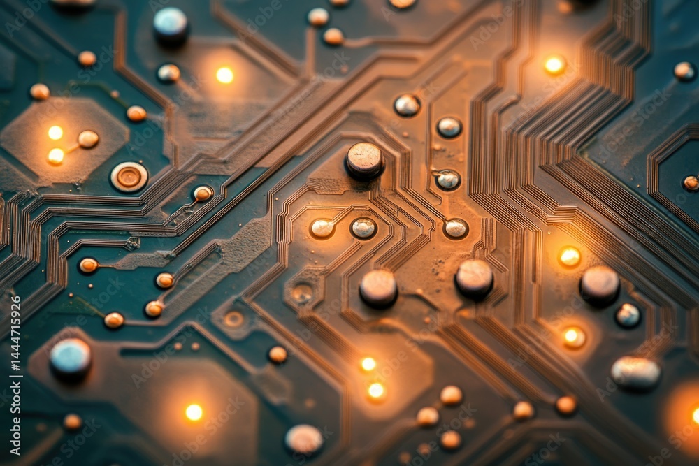 Leinwandbilder Close-up of illuminated circuit board showcasing intricate electronic components and pathways.