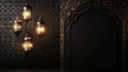 Luxury Ramadan background with black and gold patterns