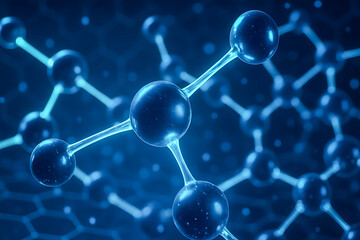 Nano Molecular Structure with Glowing Atomic Bonds.
Futuristic 3D render of atomic molecules connected by glowing bonds on a dark hexagonal background, representing nanotechnology.
