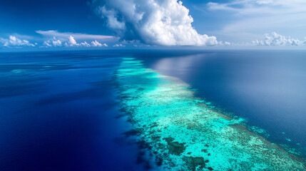 Ocean beneath brooding sky with shaft of light illuminating turquoise waters