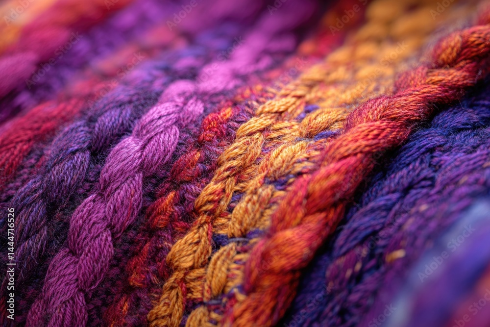 Aufkleber Close-up of vibrant, multicolored knitted fabric with intricate texture and rich color variations.