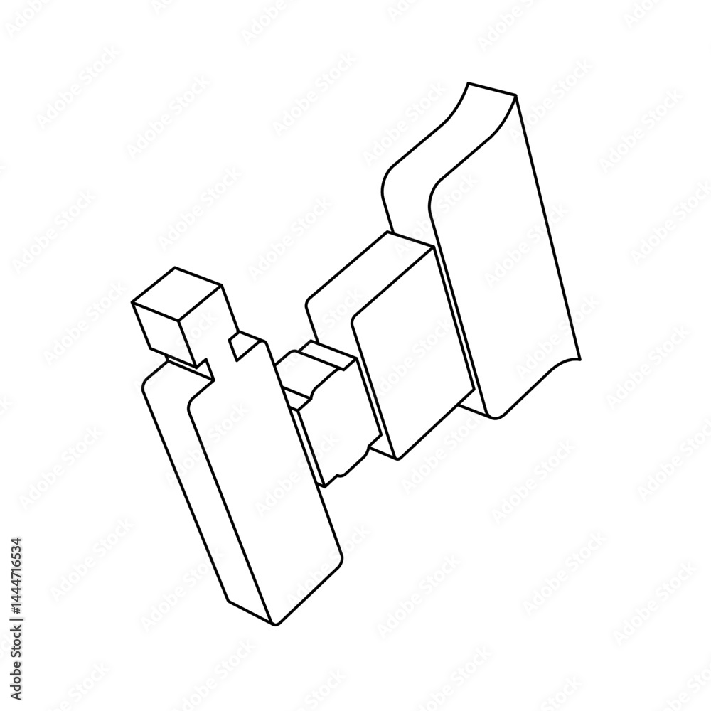 Poster the outline of a large camera symbol is made with black lines. 3d view of the object in perspective.