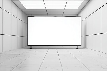 Minimalist interior space featuring a large blank screen on a sleek tiled floor