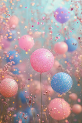 Shiny pink and blue balloons floating in a sparkling dreamy background