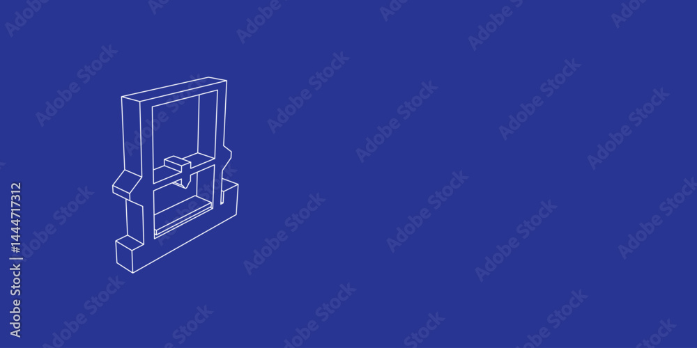 Poster the outline of a large 3d printer symbol made of white lines on the left. 3d view of the object in p