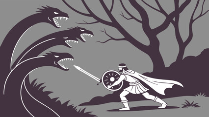 Fototapeta premium Stylized Epic Fantasy Illustration Hero Battles Multi-Headed Hydra Monster with Sword Shield