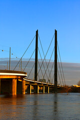 Rheinknie bridge at Dusseldorf during extremely high tide