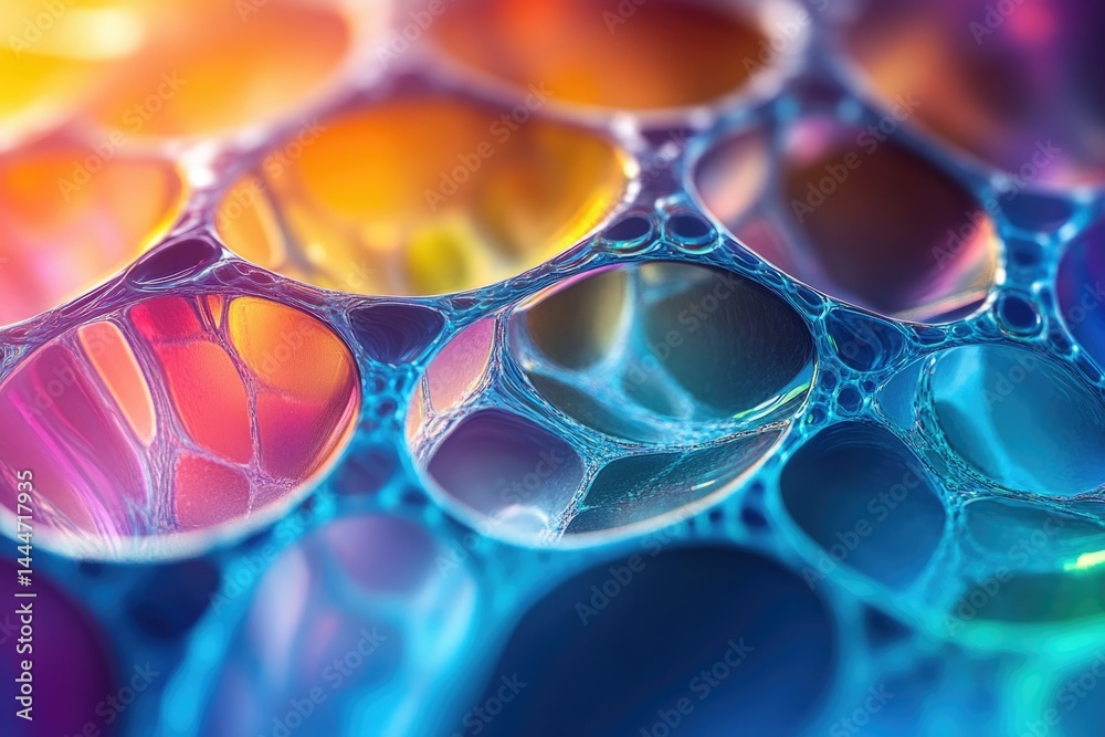 Poster abstract close-up of vibrant, interconnected bubbles forming a colorful, intricate network.