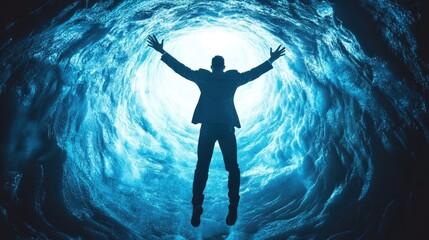 Fototapeta premium Hopes Embrace Mans Silhouette in Glacial Cave.