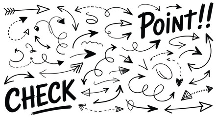 Hand drawn arrow collection black and white doodle style vector illustration