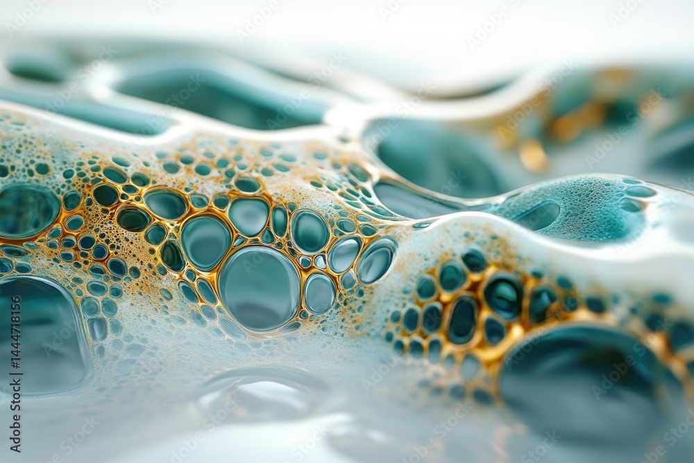 Poster abstract image of teal and gold bubbles creating a mesmerizing, organic texture.
