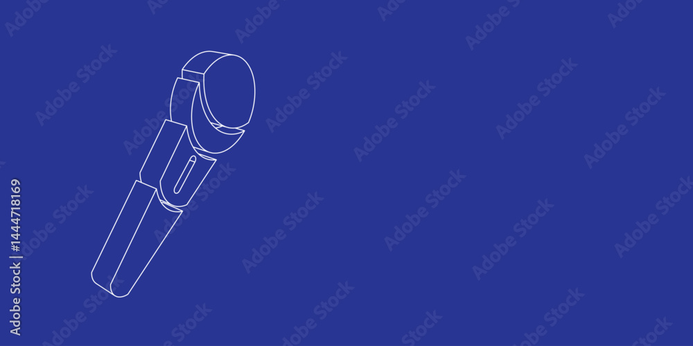 Poster the outline of a large microphone symbol made of white lines on the left. 3d view of the object in p