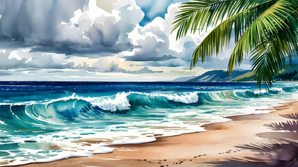 Fototapeta premium Tropical Paradise Watercolor: The tranquil image of a sun-kissed beach scene, capturing the essence of a serene escape.