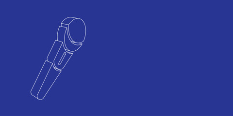 The outline of a large microphone symbol made of white lines on the left. 3D view of the object in perspective. Vector illustration on indigo background