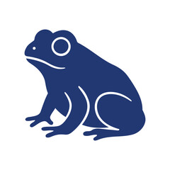 Blue silhouette of a frog, depicted in profile. The design shows the frog in a seated position