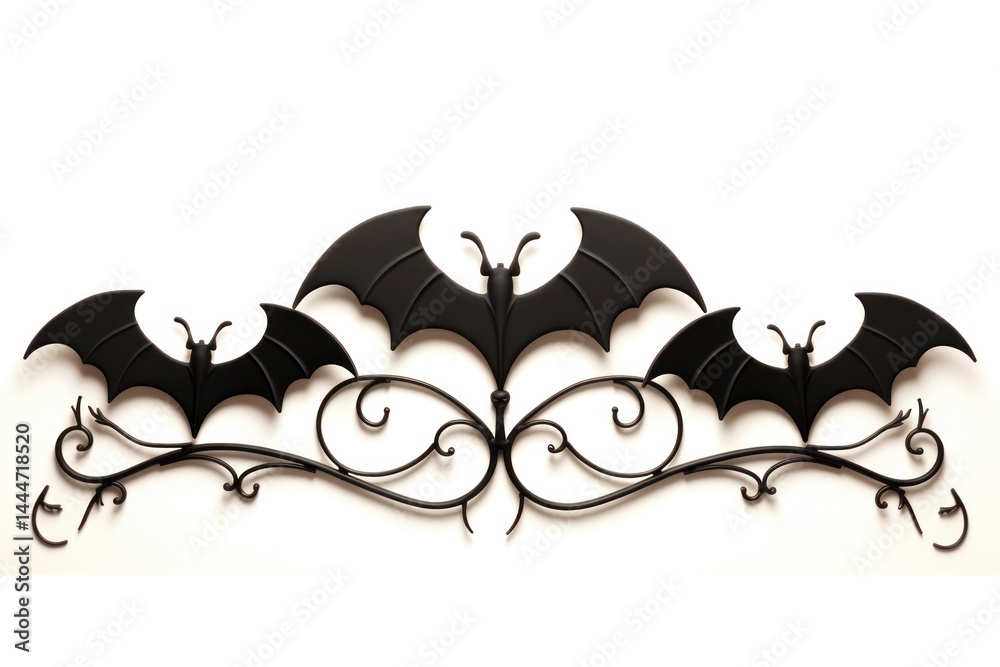 Fototapete happy halloween script with decorative swirls and bats flying around the text isolated on white back