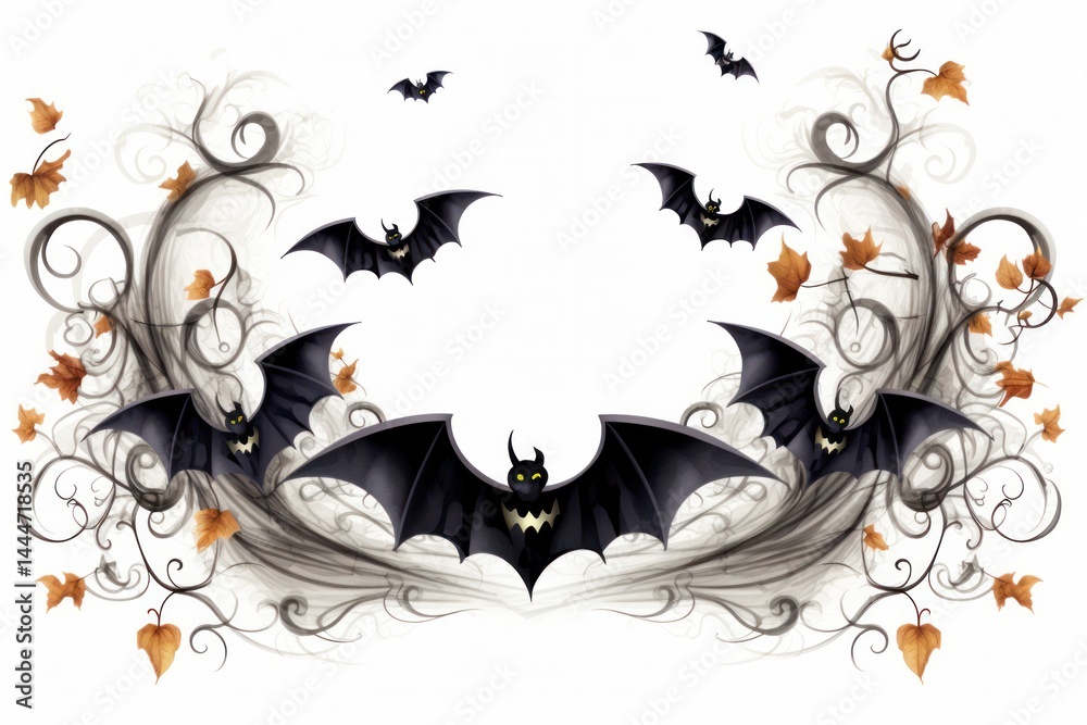Fototapete happy halloween script with decorative swirls and bats flying around the text isolated on white back