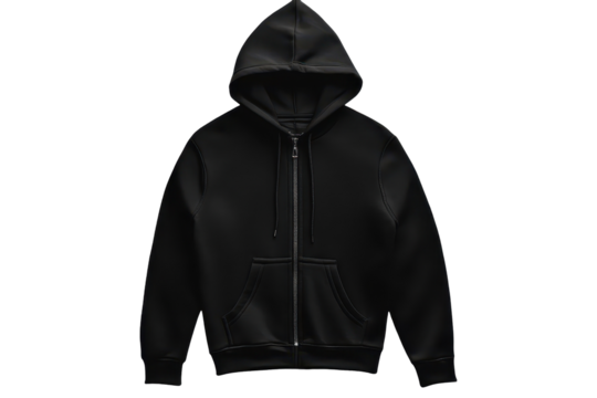 Classic black zip up hoodie with drawstring hood isolated cleanly on white for clothing brand visuals