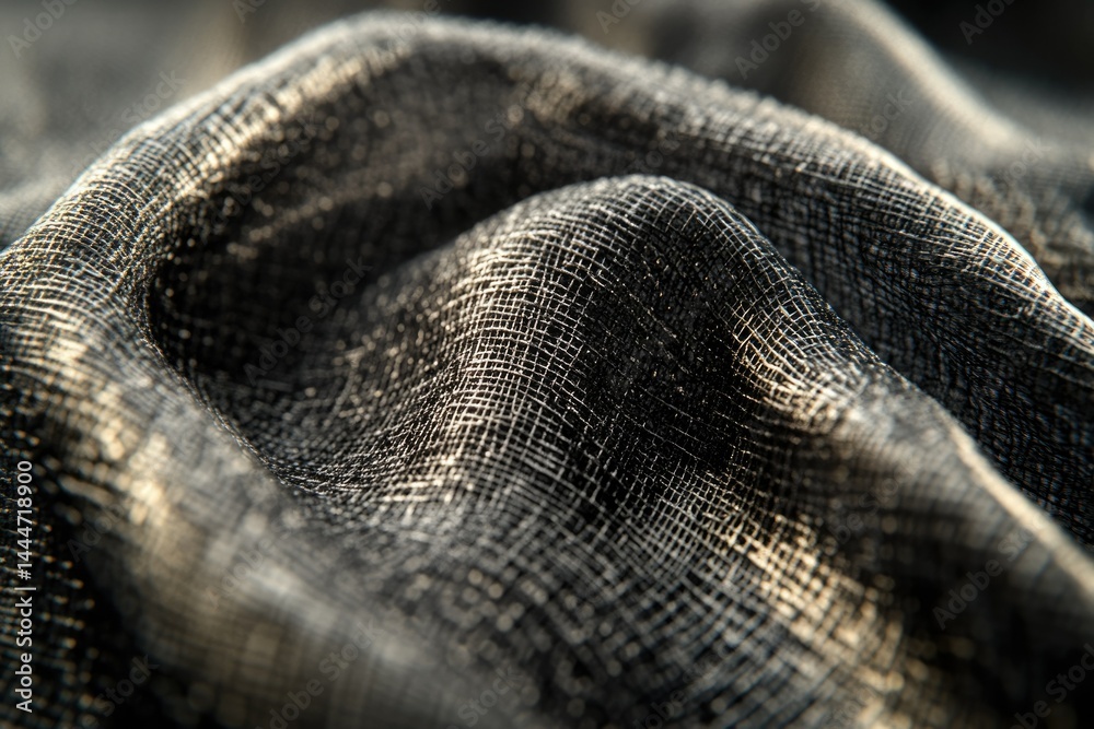 Poster Close-up of dark, textured fabric with a woven pattern, showing intricate details and subtle light reflections.