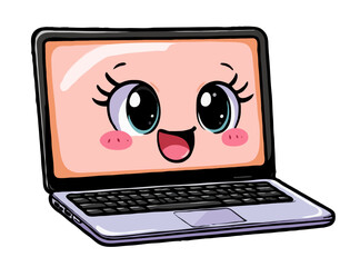Cute cartoon laptop with happy face and big eyes  