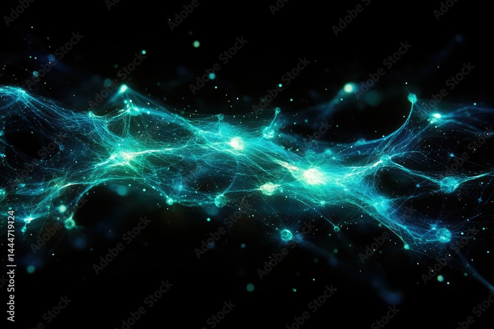 Aufkleber abstract teal glowing network, nodes connected by luminous lines, dark background.